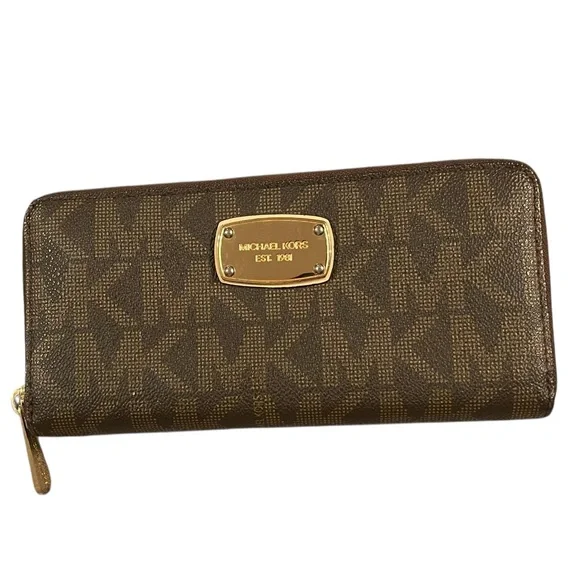 Michael Kors Dark Brown Logo Zip Wallet EUC - Picture 2 of 5